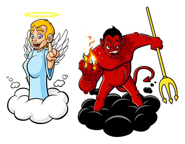 تصویر کارتونی فرشته و شیطان شخصیت ها در زمینه سفید جدا شده اند