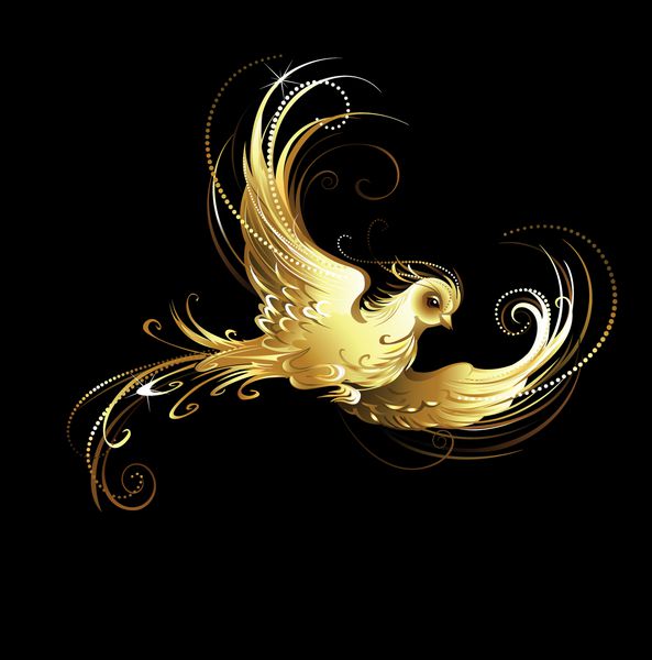 پرنده براق طلایی و هنرمندانه نقاشی شده روی زمینه سیاه