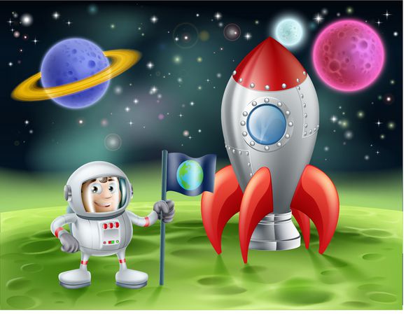 تصویری از پس‌زمینه کارتونی فضای خارج از جو با یک فضانورد کارتونی بامزه که با موشک براقش پرچم زمین را بر روی دنیای بیگانه می‌کارد
