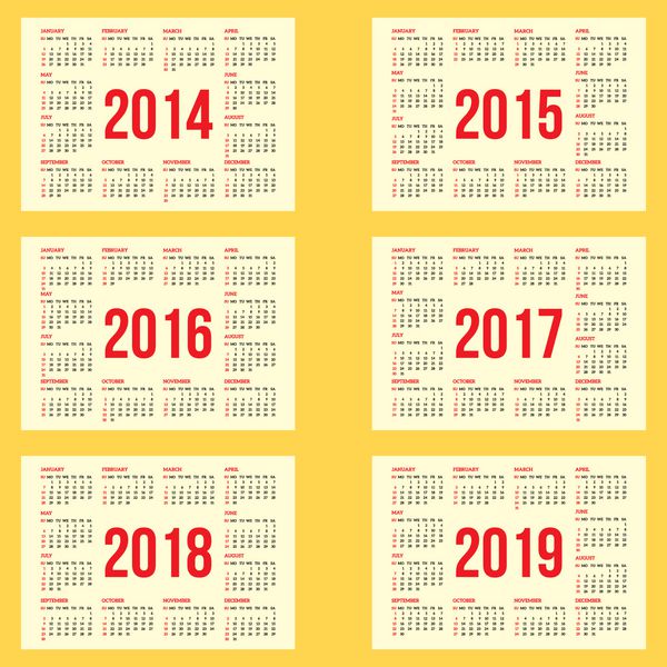 جدول تقویم برای 2014 2015 2016 2017 2018 2019