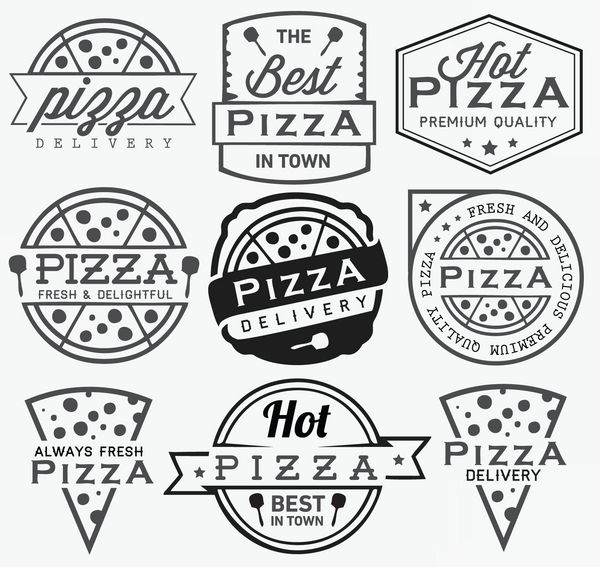 مجموعه ای از برچسب ها و نشان های پیتزا به سبک قدیمی