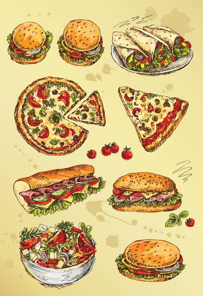 مجموعه طراحی دستی ساندویچ پیتزا و سالاد