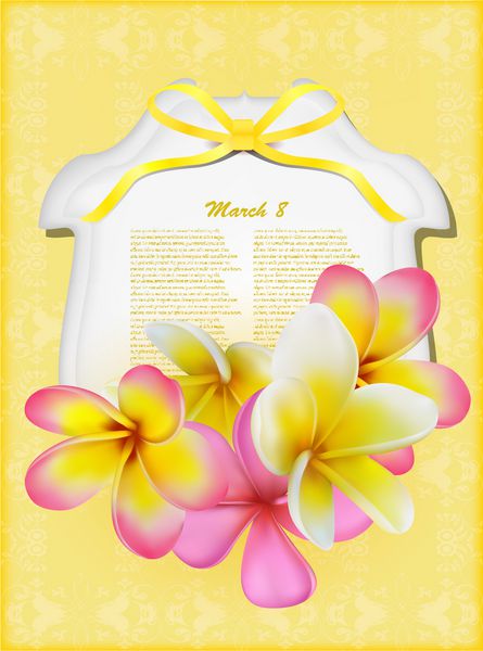 کارت هدیه زیبا با پلومریای زرد و صورتی ممکن است به عنوان یک تبریک روز زن استفاده شود