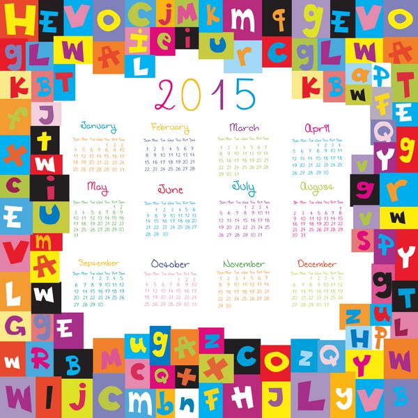 تقویم 2015 با حروف برای مدارس