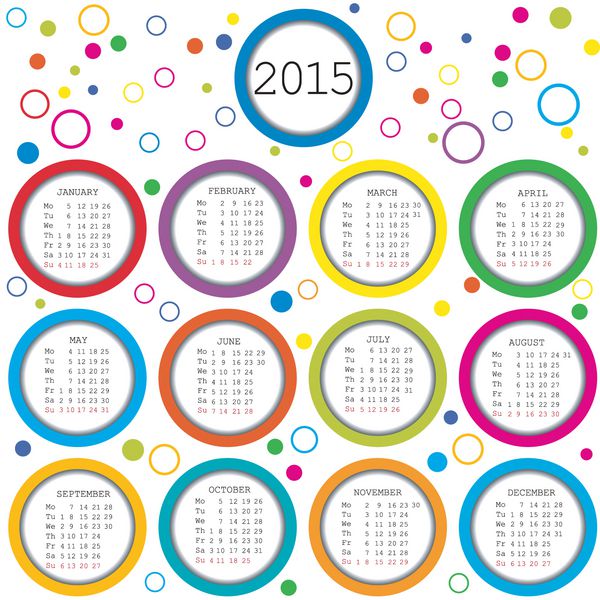 تقویم 2015 برای بچه ها با دایره های رنگی