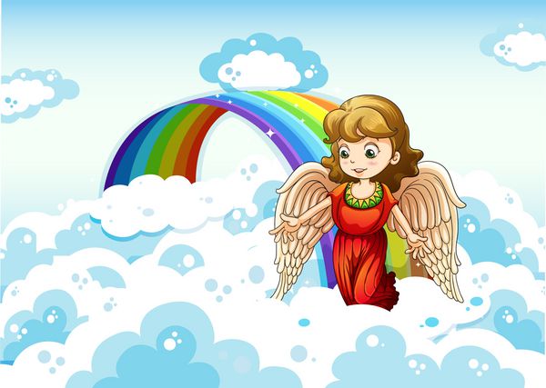 تصویر یک فرشته در آسمان نزدیک رنگین کمان