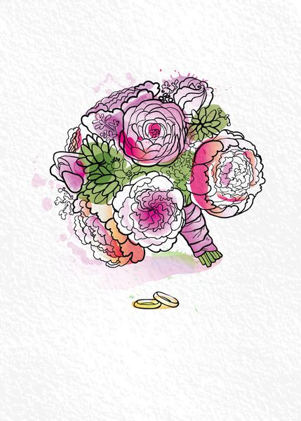 دسته گل و حلقه عروس آبرنگ با فضایی برای متن