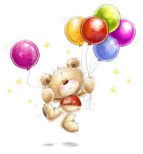 خرس عروسکی زیبا با بادکنک ها و ستاره های رنگارنگ پس زمینه با خرس و بادکنک کارت تبریک تولد دعوت به مهمانی