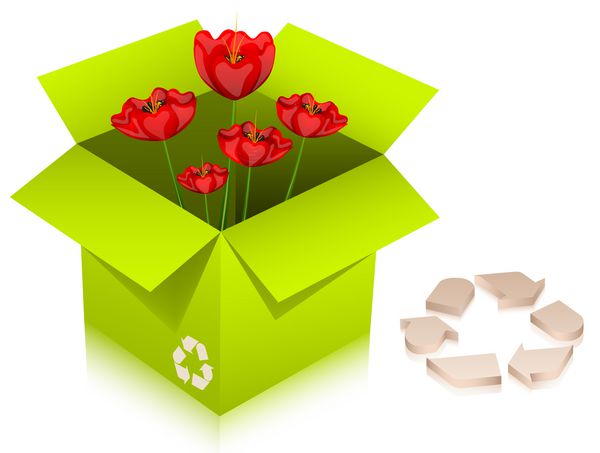 وکتور از جعبه سبز با خشخاش و علامت بازیافت سه بعدی