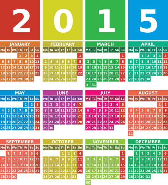 تقویم رنگین کمان 2015 با ماه ها از ژانویه تا دسامبر در طراحی مسطح با استفاده از نمادهای مربعی ساده با پس زمینه رنگارنگ عناصر برای ویرایش آسان گروه بندی شده اند