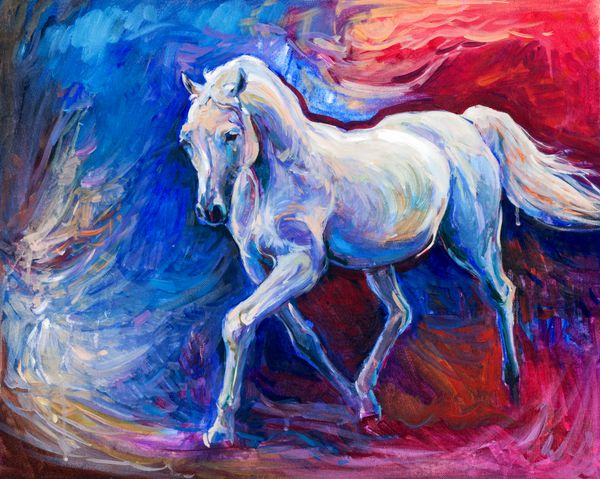 نقاشی رنگ روغن انتزاعی اصلی یک اسب آبی زیبا در حال دویدن امپرسیونیسم مدرن نقاشی مربوط به سال 2014 - سال اسب آبی