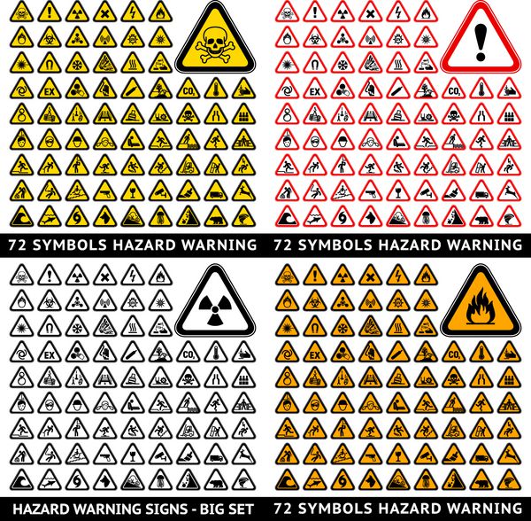 72 نماد خطر هشدار مثلثی مجموعه بزرگ 288 برچسب تصویرگر وکتور