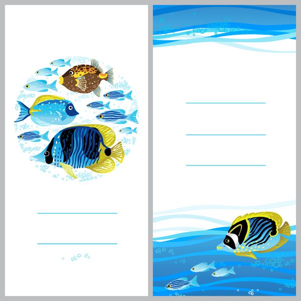 کارت دعوت روشن با عناصر دریا پس زمینه وکتور حیات دریایی الگوی دریا با ماهی و امواج مکانی برای متن شما طراحی قاب قالب برای کارت