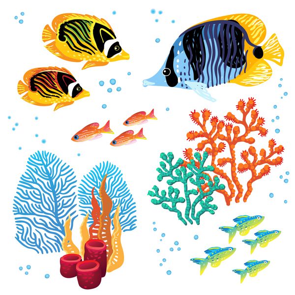 مجموعه وکتور رنگارنگ ماهی های گرمسیری و مرجان ها زندگی دریایی می توان از آن برای اسکرپ بوکینگ تزئین دعوت نامه کارت و تزئین کیف و لباس طراحی صفحات وب استفاده کرد
