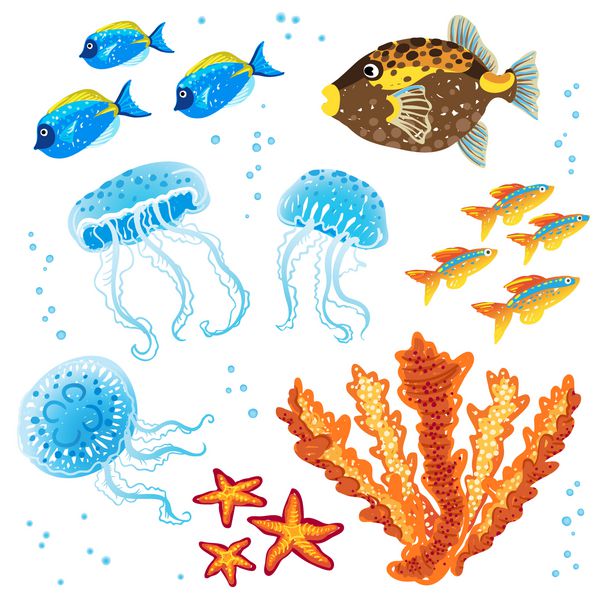 مجموعه وکتور ماهی های گرمسیری چتر دریایی و مرجان ها زندگی دریایی می توان از آن برای اسکرپ بوکینگ تزئین دعوت نامه کارت و تزئین کیف و لباس طراحی صفحات وب استفاده کرد