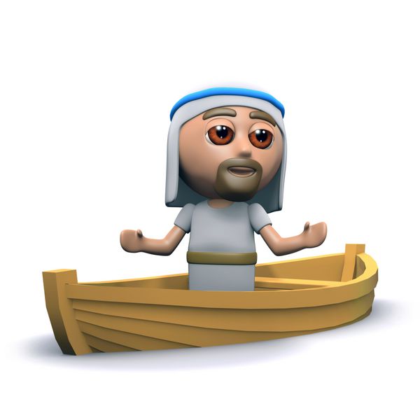 رندر سه بعدی عیسی در یک قایق ماهیگیری کوچک