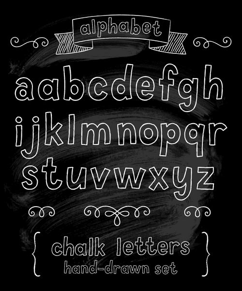 مجموعه وکتور با حروف ABC دستی و عناصر تایپوگرافی در پس زمینه مشکی طرح گچ