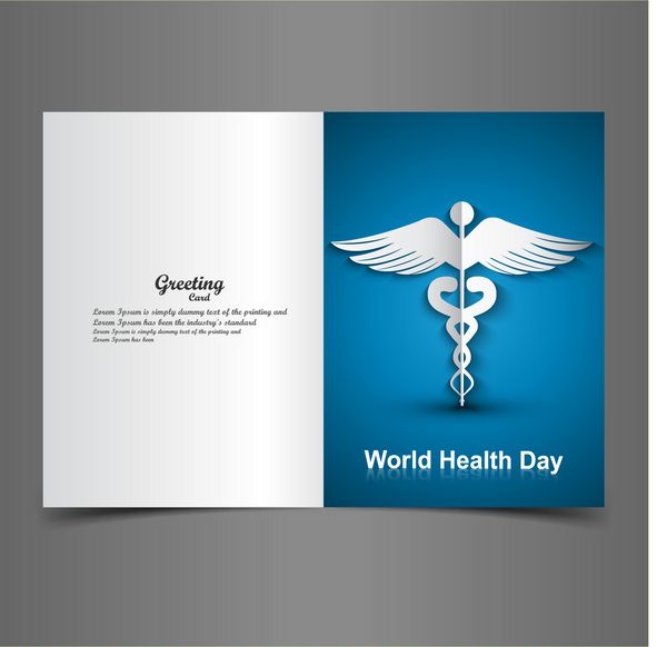 پیشینه پزشکی با وکتور کارت تبریک رنگارنگ ارائه نماد پزشکی Caduceus روز جهانی سلامت