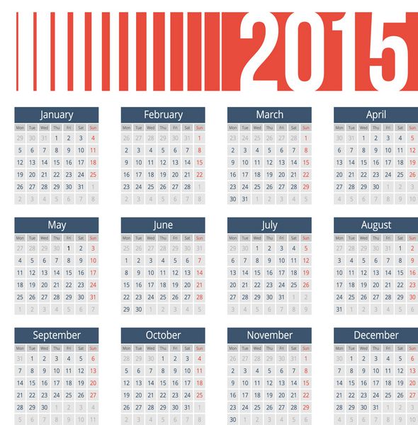 شبکه تقویم اروپایی ساده برای سال 2015 تمیز و مرتب فقط رنگ های ساده - رنگ آمیزی مجدد آسان است وکتور