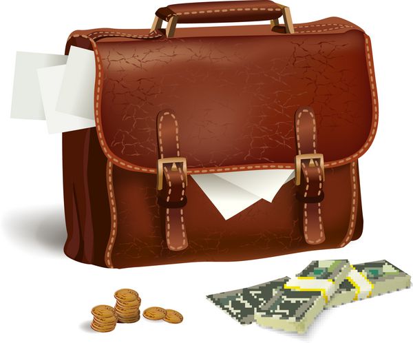 کیف تجاری چرمی قهوه ای مدرن کلاسیک با وکتور جدا شده از مفهوم پول و سکه