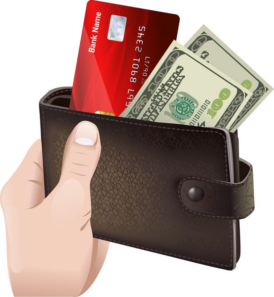 کیف پول چرمی کلاسیک با تصویر وکتور جدا شده با کارت اعتباری و اسکناس در دست