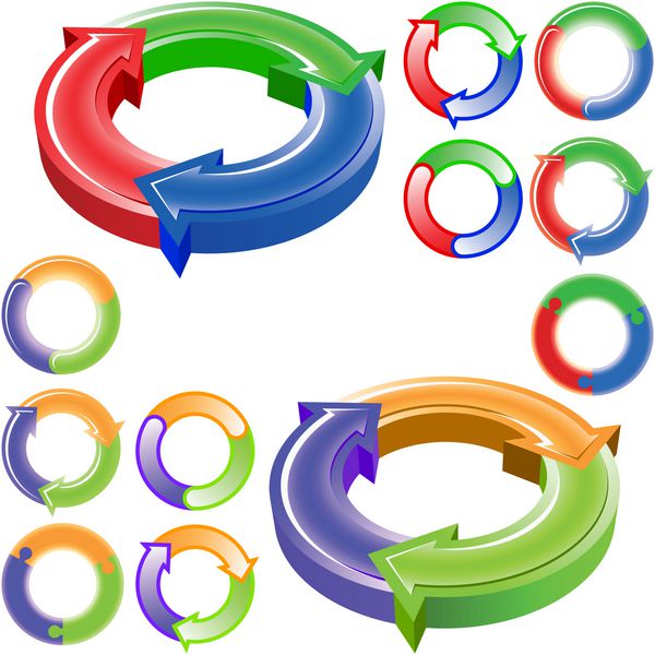 مجموعه ای از نمادها از فلش های رنگی در حال چرخش امکان استفاده برای طرح ها و نوشته های 3 در 1 یا نمایش فرآیندهای جاری وجود دارد