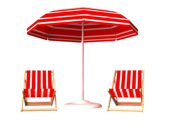 چتر و صندلی ساحلی قرمز در زمینه سفید