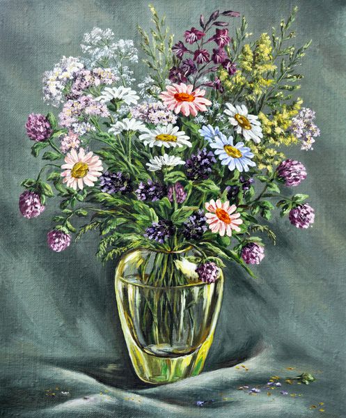 تصویر رنگ روغن روی بوم گلدان شیشه ای با گل های وحشی