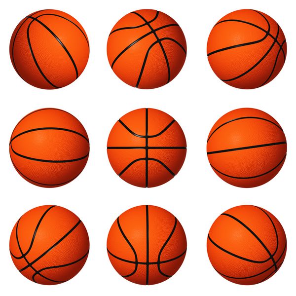 موقعیت های مختلف توپ بسکتبال جدا شده در پس زمینه سفید