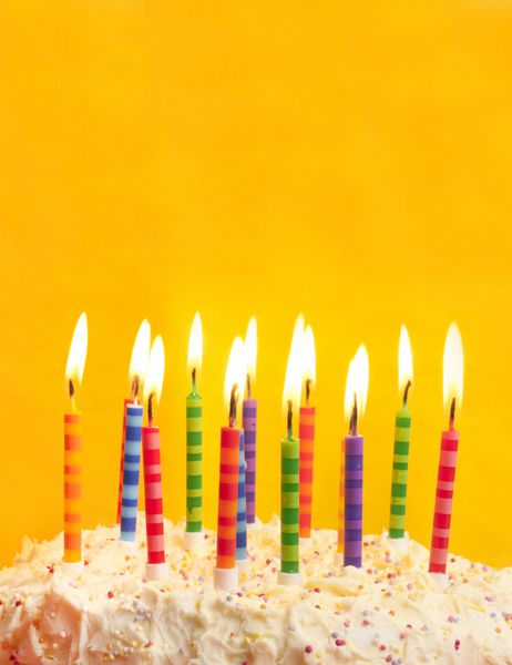 کیک تولدت مبارک که روی پس زمینه زرد با شمع و فضای زیاد عکس گرفته شده است