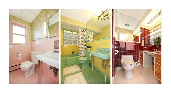 کلاژ حمام‌های قدیمی با فضای داخلی حمام قدیمی رنگارنگ کاشی‌ها و رنگ‌های صورتی سبز آبی قرمز وسط قرن