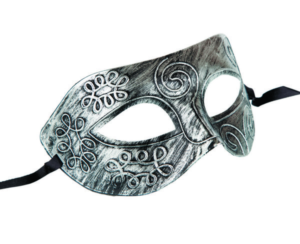 ماسک لباس نقره ای جشن پرنعمت با الگوی چرخشی جدا شده روی پس زمینه مشکی