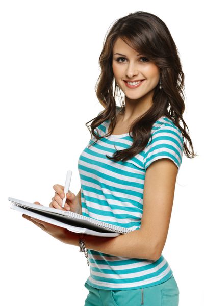 یک زن دانشجوی دانشگاه کالج در حال یادداشت وکتور در دفترچه یادداشت روی پس زمینه سفید