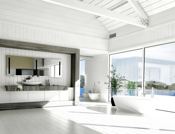فضای داخلی حمام سفید مدرن با پنجره های بزرگ و منظره منظره