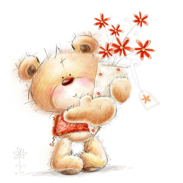 خرس عروسکی ناز با گل های قرمز پس زمینه با خرس و گل خرس عروسکی با دست کشیده شده روی پس زمینه سفید کارت تبریک ولنتاین عاشق طراحی دوستت دارم کارت تبریک تولد