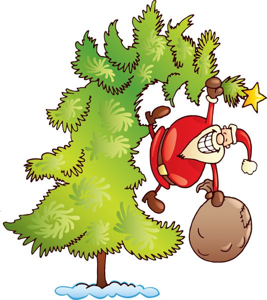 بابا نوئل شاد دیوانه با گونی روی درخت کریسمس