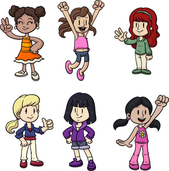 شش دختر کارتونی زیبا همه در لایه های جداگانه برای ویرایش آسان