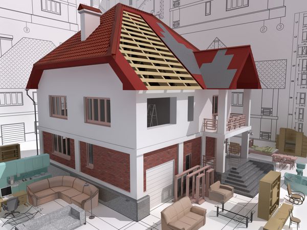 نمای ایزومتریک سه بعدی منزل مسکونی در حین ساخت و تعمیر