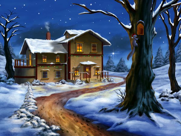 یک کلبه زیبا در یک منظره فوق العاده کریسمس تصویر نقاشی شده با دست