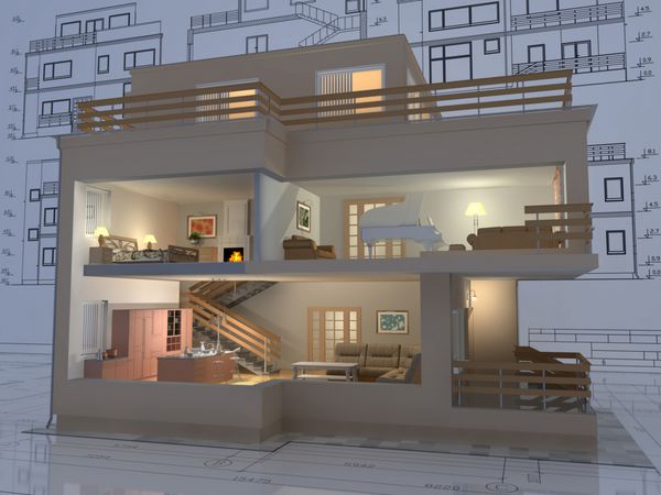 نمای ایزومتریک سه بعدی از خانه مسکونی برش خورده در طراحی معمار