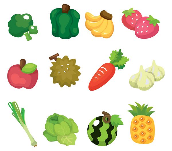 مجموعه آیکون کارتونی میوه ها و سبزیجات