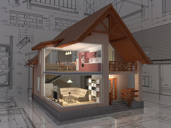 نمای ایزومتریک سه بعدی از خانه مسکونی برش خورده در طراحی معمار تصویر با مسیر برش