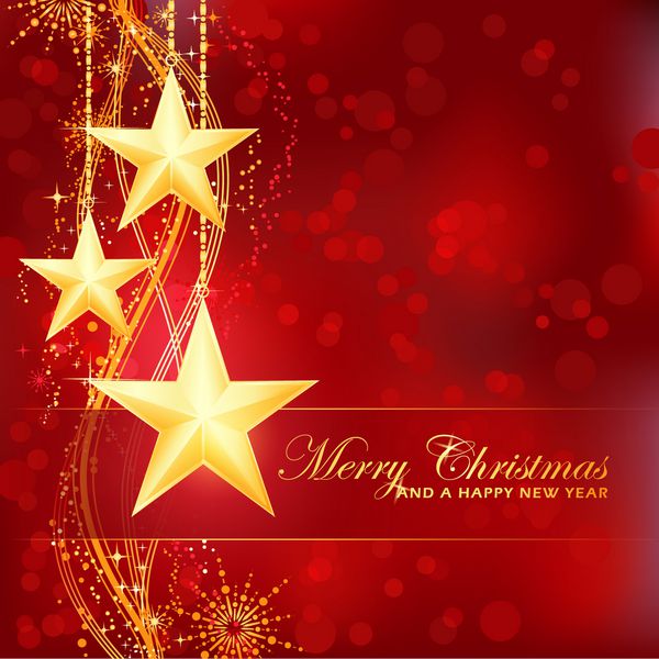لوکس و جشن قرمز طلایی کریسمس مبارک و پس‌زمینه سال نو مبارک با ستاره‌ها دانه‌های برف الگوی موج‌دار و نقاط روشن خارج از فوکوس برای مناسبت‌های جشن شما