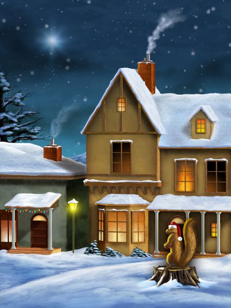 منظره زیبای کریسمس با روستایی پوشیده از برف و سنجابی که کلاه بابانوئل بر سر دارد تصویرسازی دیجیتال