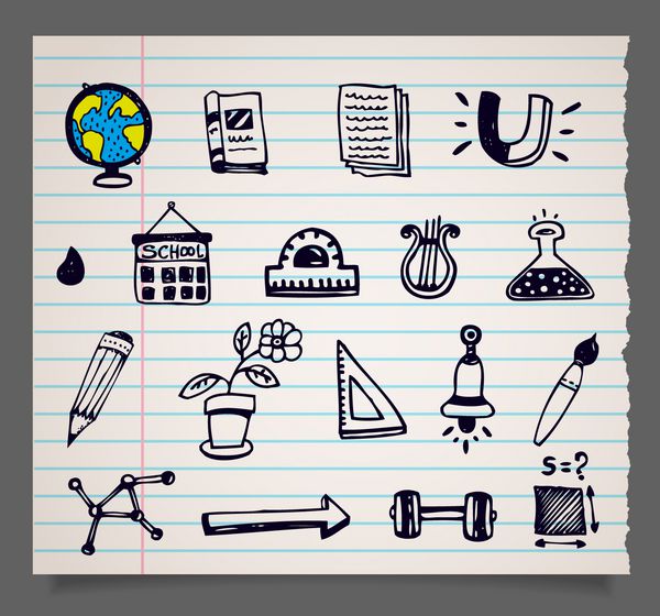 نمادهای اقلام مدرسه وکتور Doodle مجموعه 1 تصویر حاوی شفافیت در سایه شکل صفحه است - می توانید آن را روی هر سطحی قرار دهید