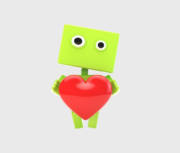 ربات کارتونی دوست داشتنی اندروید با قلب بزرگ قرمز