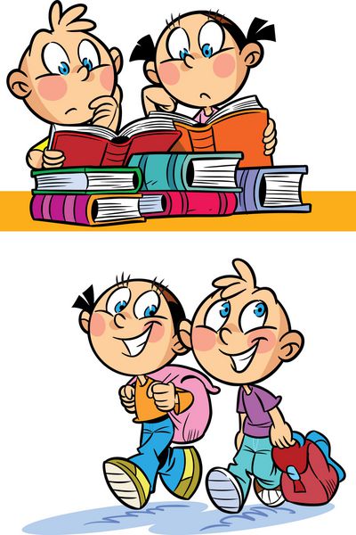 تصویر یک پسر و یک دختر را نشان می دهد آنها به مدرسه می روند و پشت میز کتاب می خوانند تصویرسازی به سبک کارتونی و در لایه های جداگانه انجام شده است
