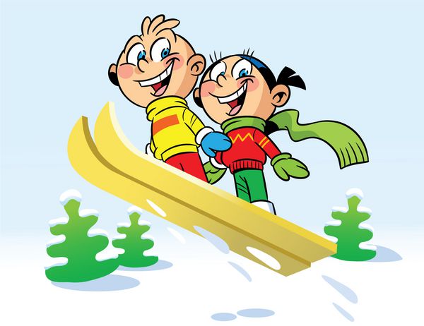 تصویر پسر و دختر بامزه را نشان می دهد آنها با تپه برفی روی اسکی سوار می شوند تصویرسازی به سبک کارتونی انجام شده است