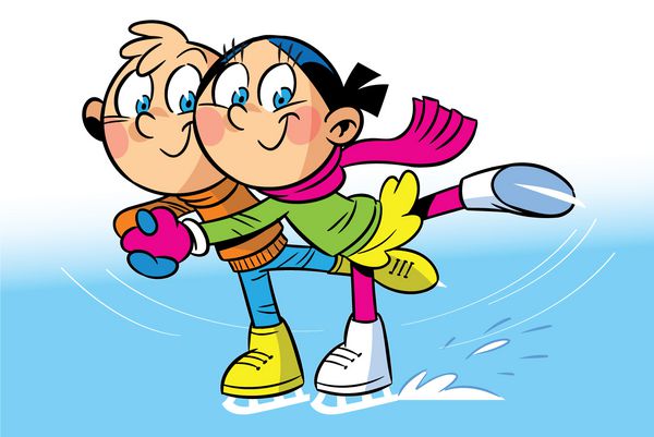 روی یخ پسر و دختر بامزه سوار بر اسکیت تصویرسازی به سبک کارتونی انجام شده است