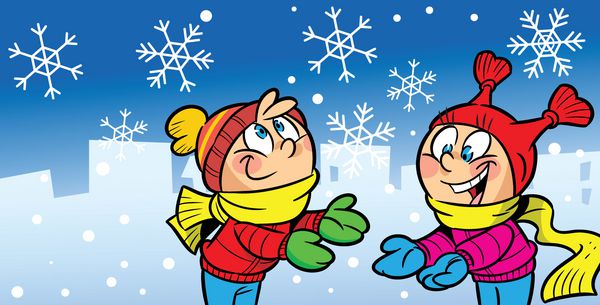 تصویر یک پسر و دختر سرگرم کننده در زمستان را نشان می دهد بچه ها دست های دانه های برف را می گیرند تصویرسازی به سبک کارتونی انجام شده است